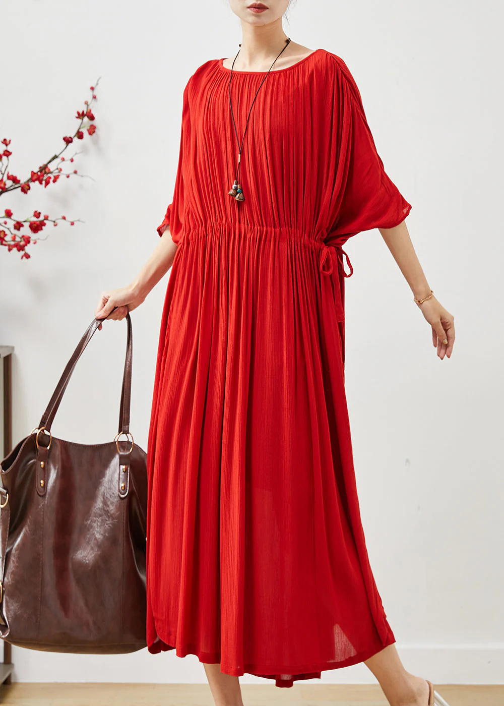 Modern Red Oversized Drawstring Cotton Dresses Summer - Image 2