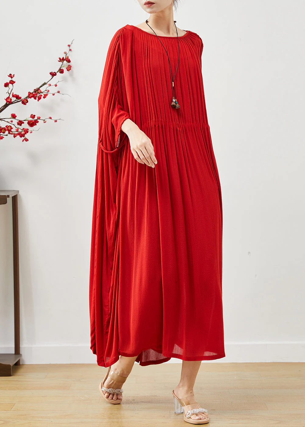 Modern Red Oversized Drawstring Cotton Dresses Summer - Image 3