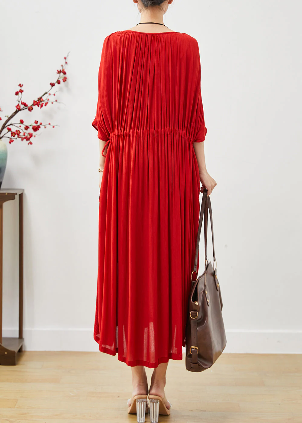 Modern Red Oversized Drawstring Cotton Dresses Summer - Image 4