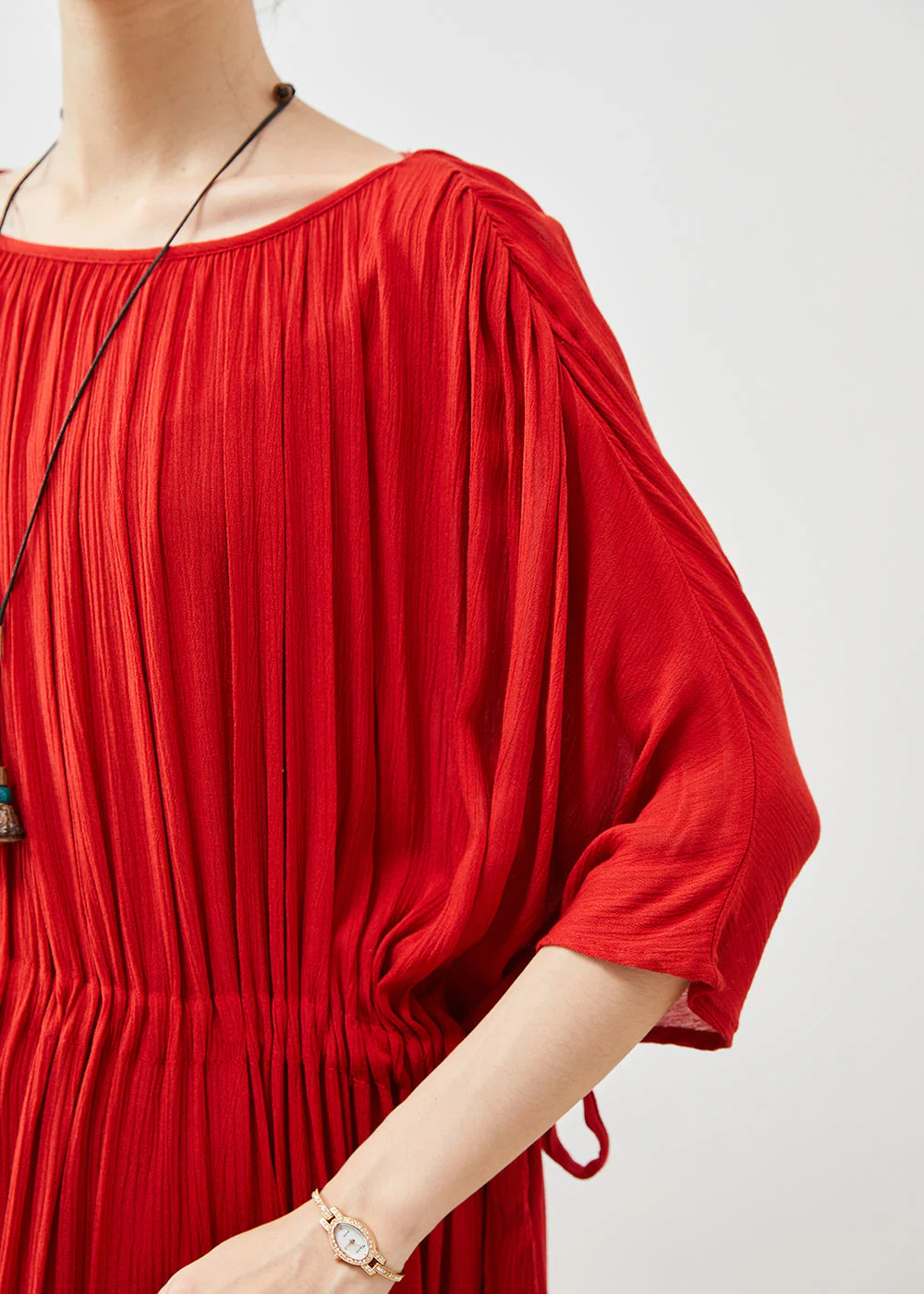 Modern Red Oversized Drawstring Cotton Dresses Summer - Image 5