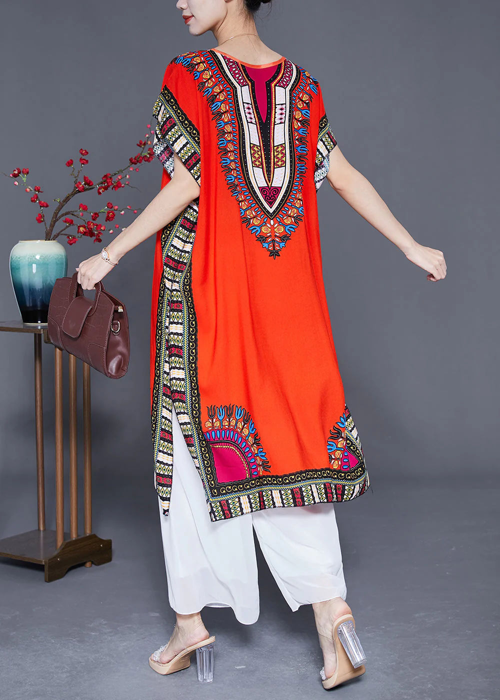 Modern Red Print Side Open Cotton Maxi Dress Summer - Image 4