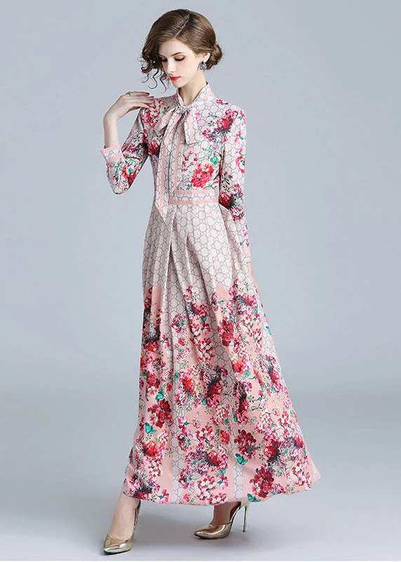 Modern Red Stand Collar Bow Print Chiffon Holiday Dress Fall - Image 2
