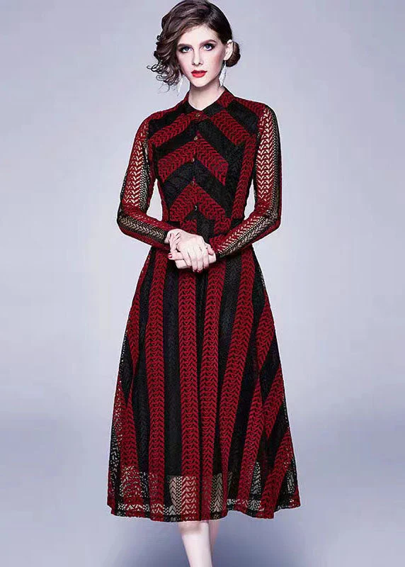 Modern Red Stand Collar Hollow Out Button Patchwork Lace Dress Summer - Image 2