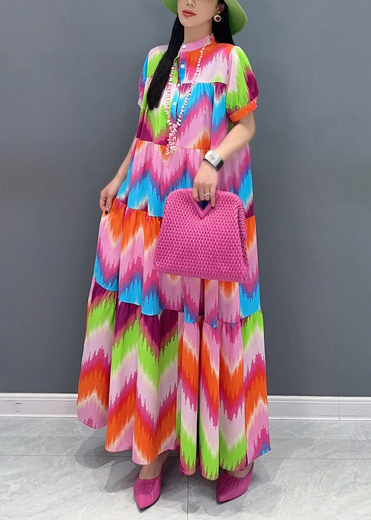 Modern Red Stand Collar Print Long Dress Summer - Image 3