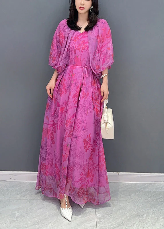 Modern Red V Neck Print Cozy Tie Waist Ankle Dress Summer - Image 2