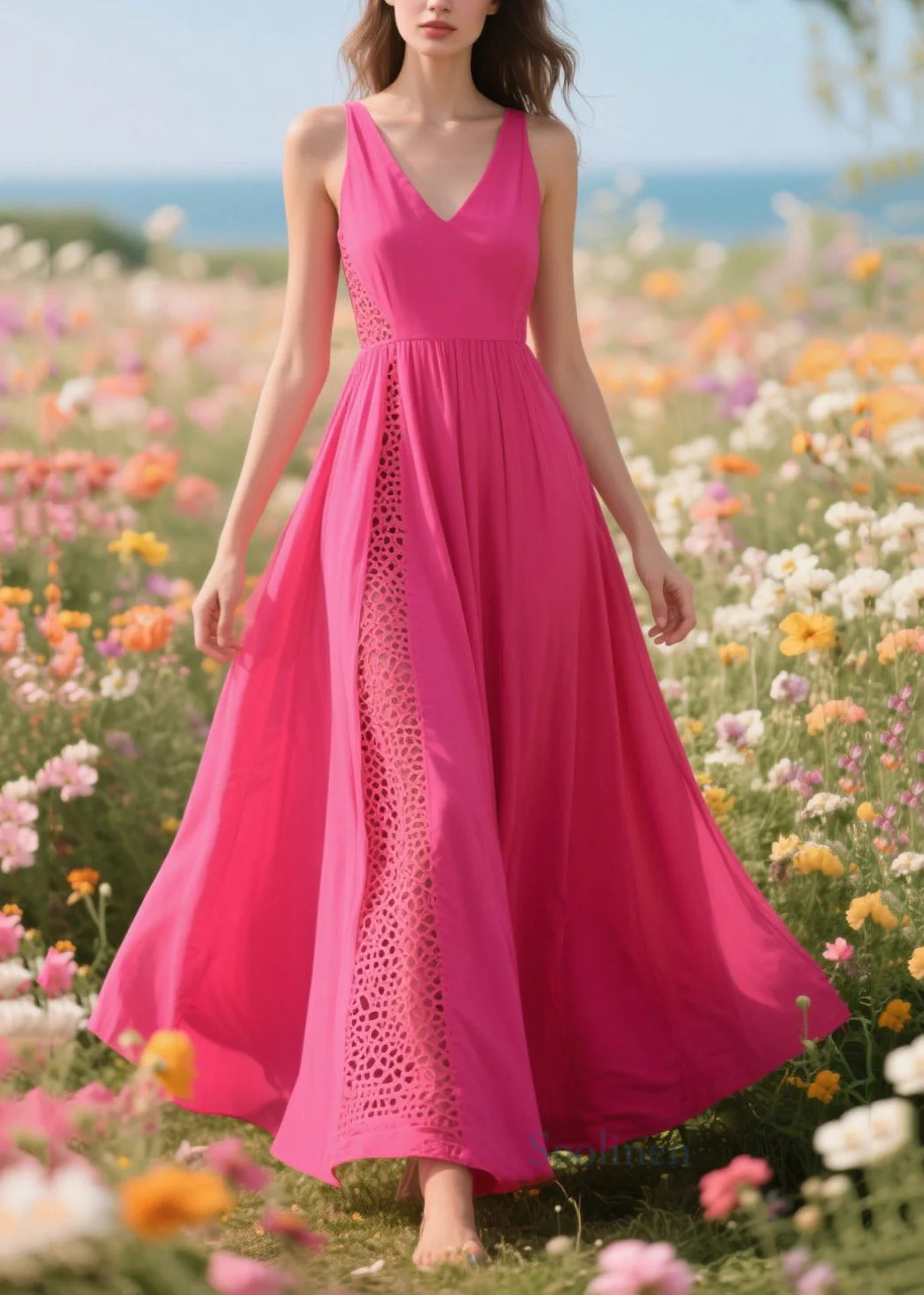 Modern Rose Patchwork Hollow Out Chiffon Long Dress Summer - Image 3