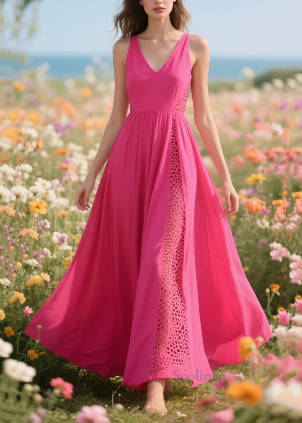 Modern Rose Patchwork Hollow Out Chiffon Long Dress Summer - Image 5
