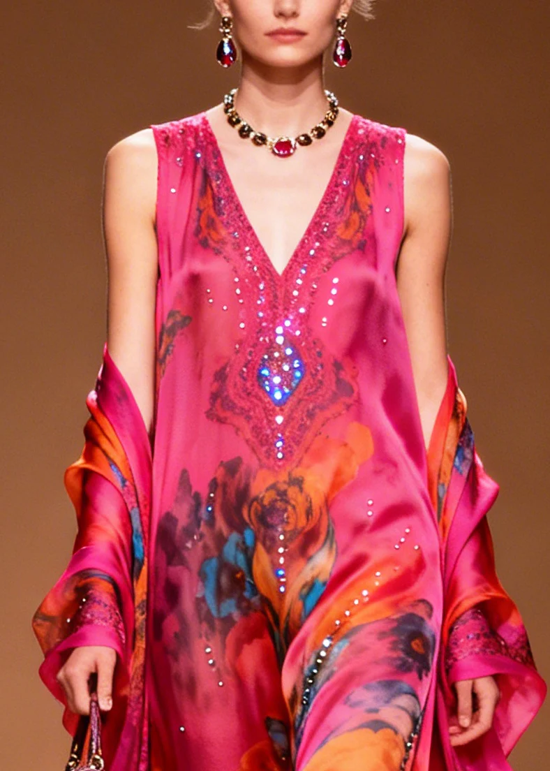 Modern Rose Print Rhinestone Sparkly Chiffon Party Dress Summer - Image 2