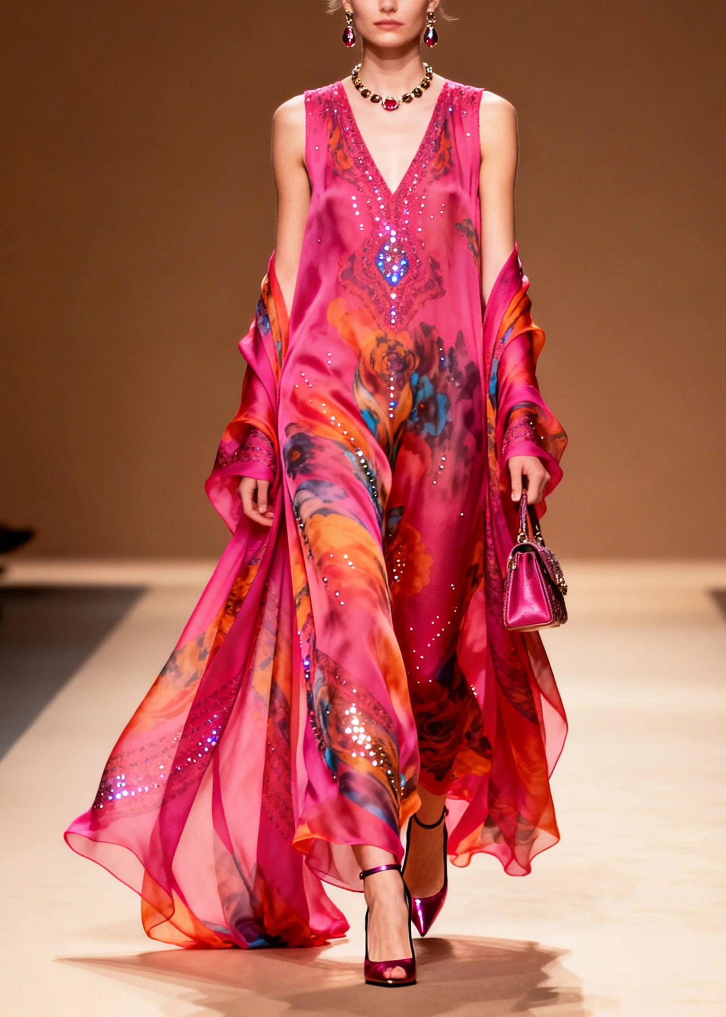 Modern Rose Print Rhinestone Sparkly Chiffon Party Dress Summer - Image 3
