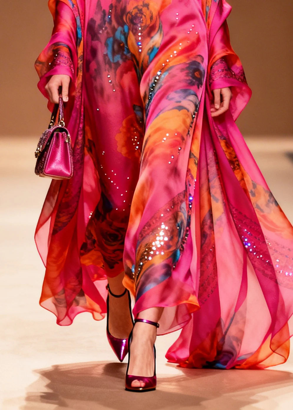 Modern Rose Print Rhinestone Sparkly Chiffon Party Dress Summer - Image 4