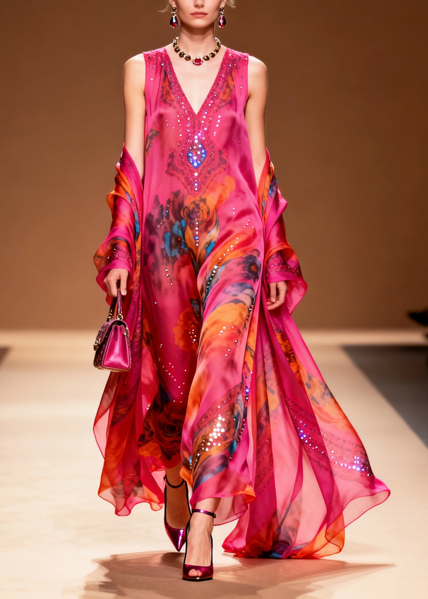 Modern Rose Print Rhinestone Sparkly Chiffon Party Dress Summer - Image 5