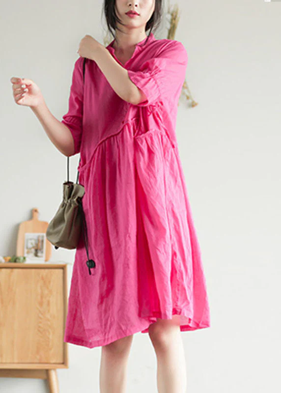 Modern Rose Stand Collar Patchwork Ramie Mid Dress Summer - Image 4