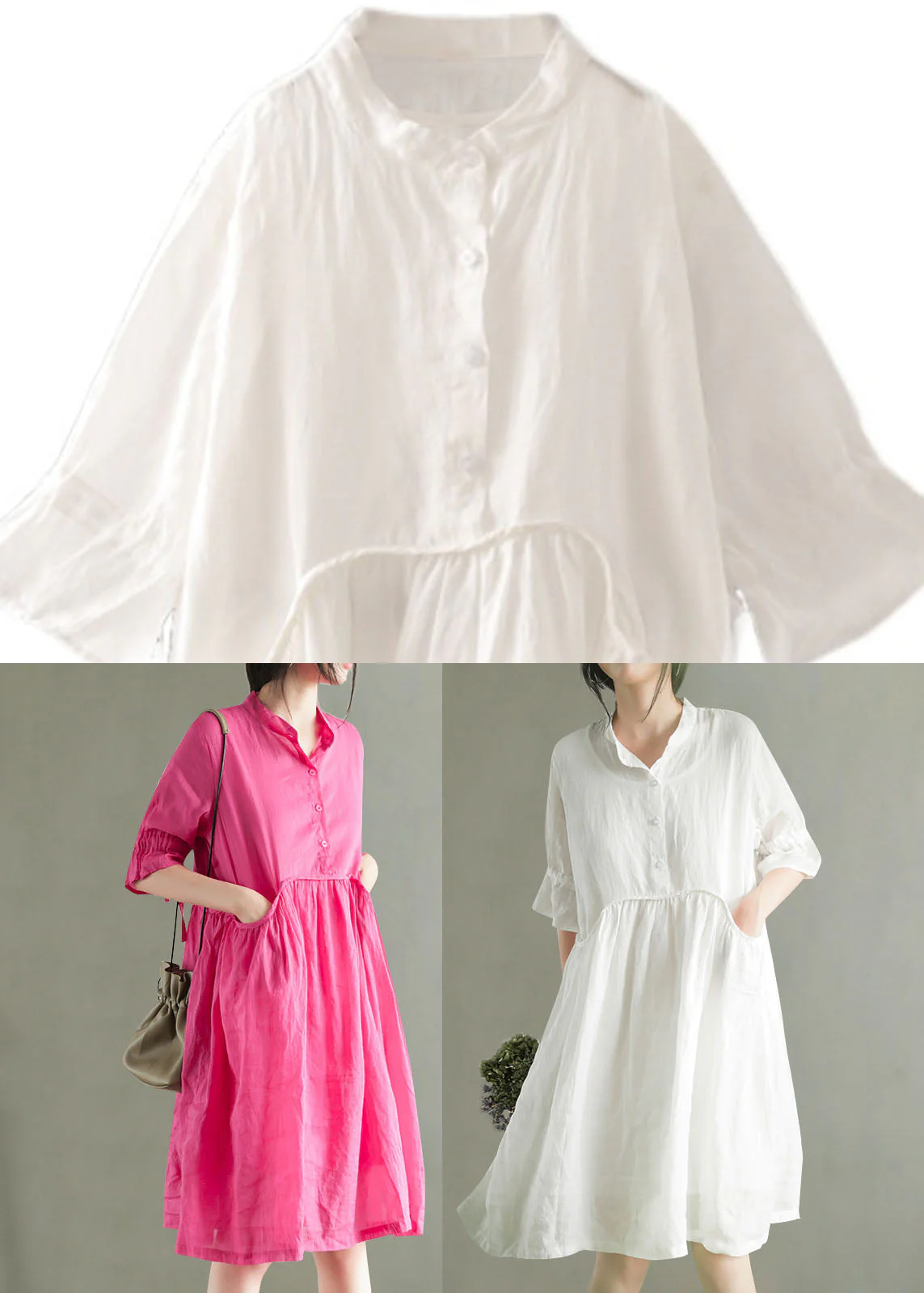 Modern Rose Stand Collar Patchwork Ramie Mid Dress Summer - Image 5