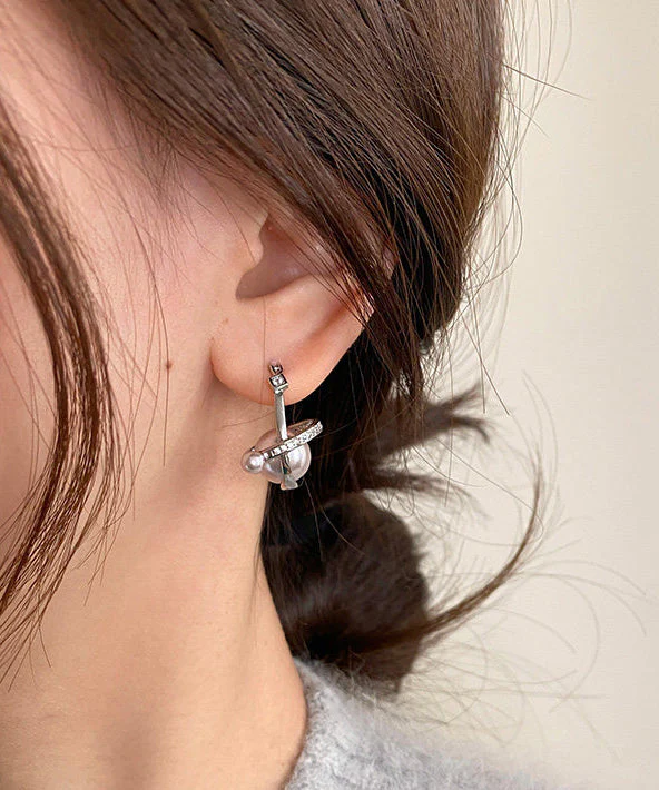 Modern Silk 3D Universe Planet Pearl Zircon Copper Drop Earrings - Image 3