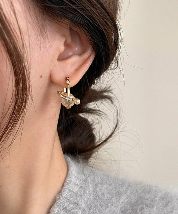 Modern Silk 3D Universe Planet Pearl Zircon Copper Drop Earrings - Image 4