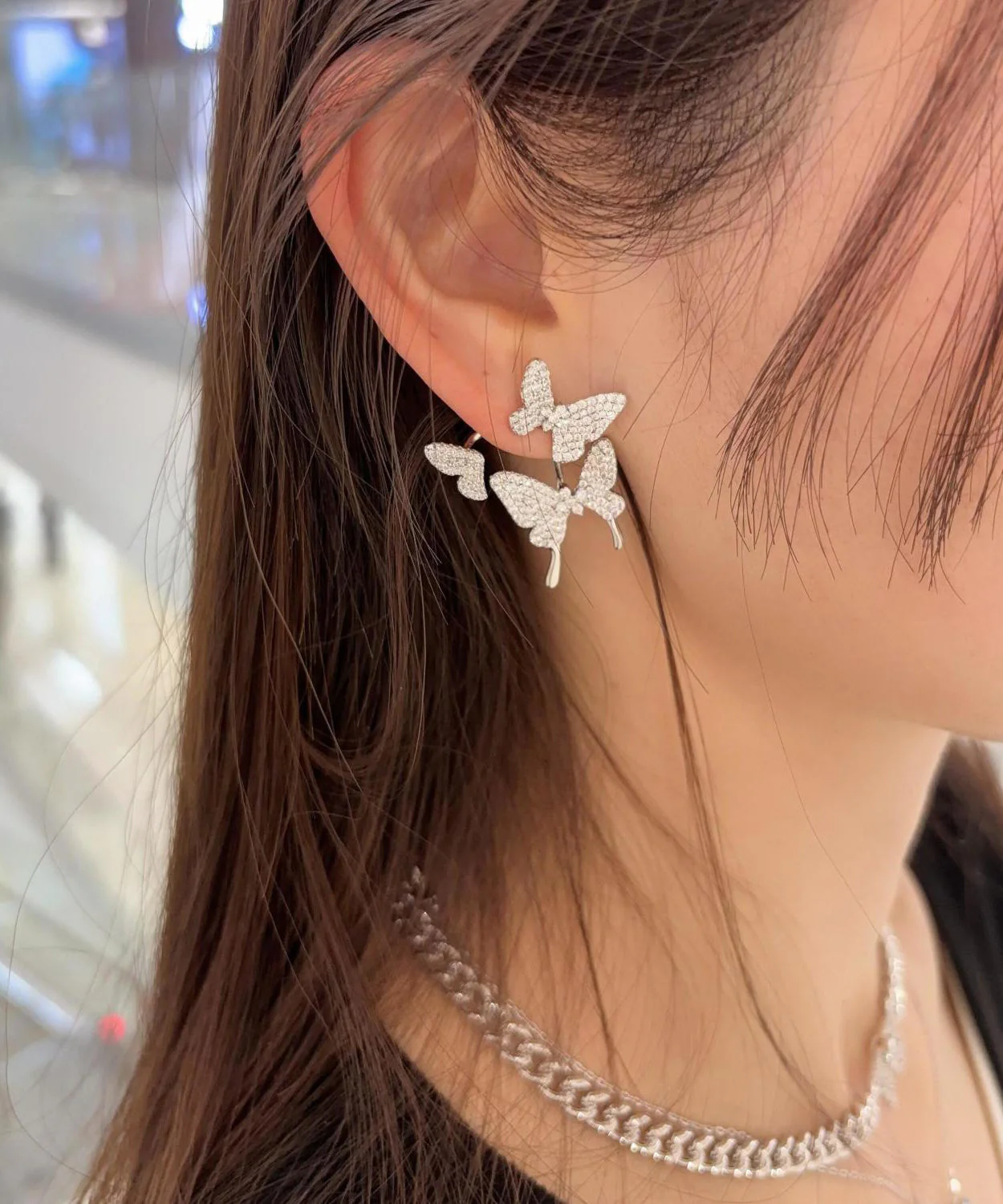 Modern Silk Sterling Silver Zircon Butterfly Stud Earrings - Image 2