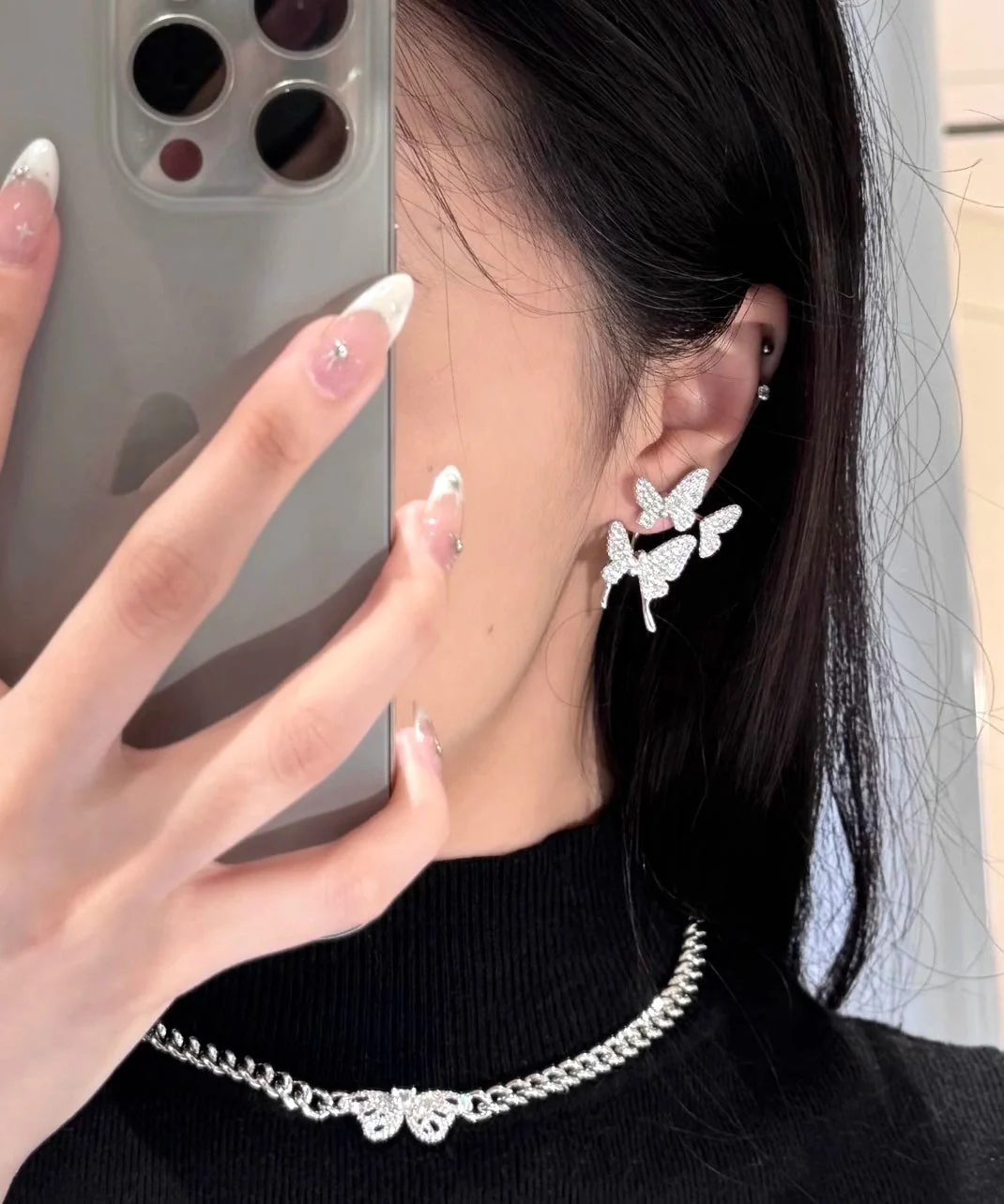 Modern Silk Sterling Silver Zircon Butterfly Stud Earrings - Image 4