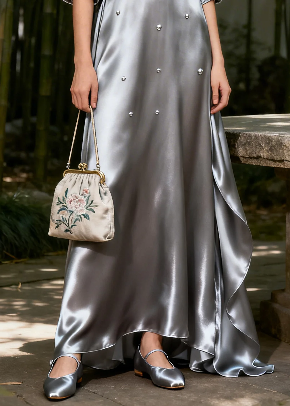 Modern Silvery Nail Bead Draping Silk Long Dress Summer - Image 4