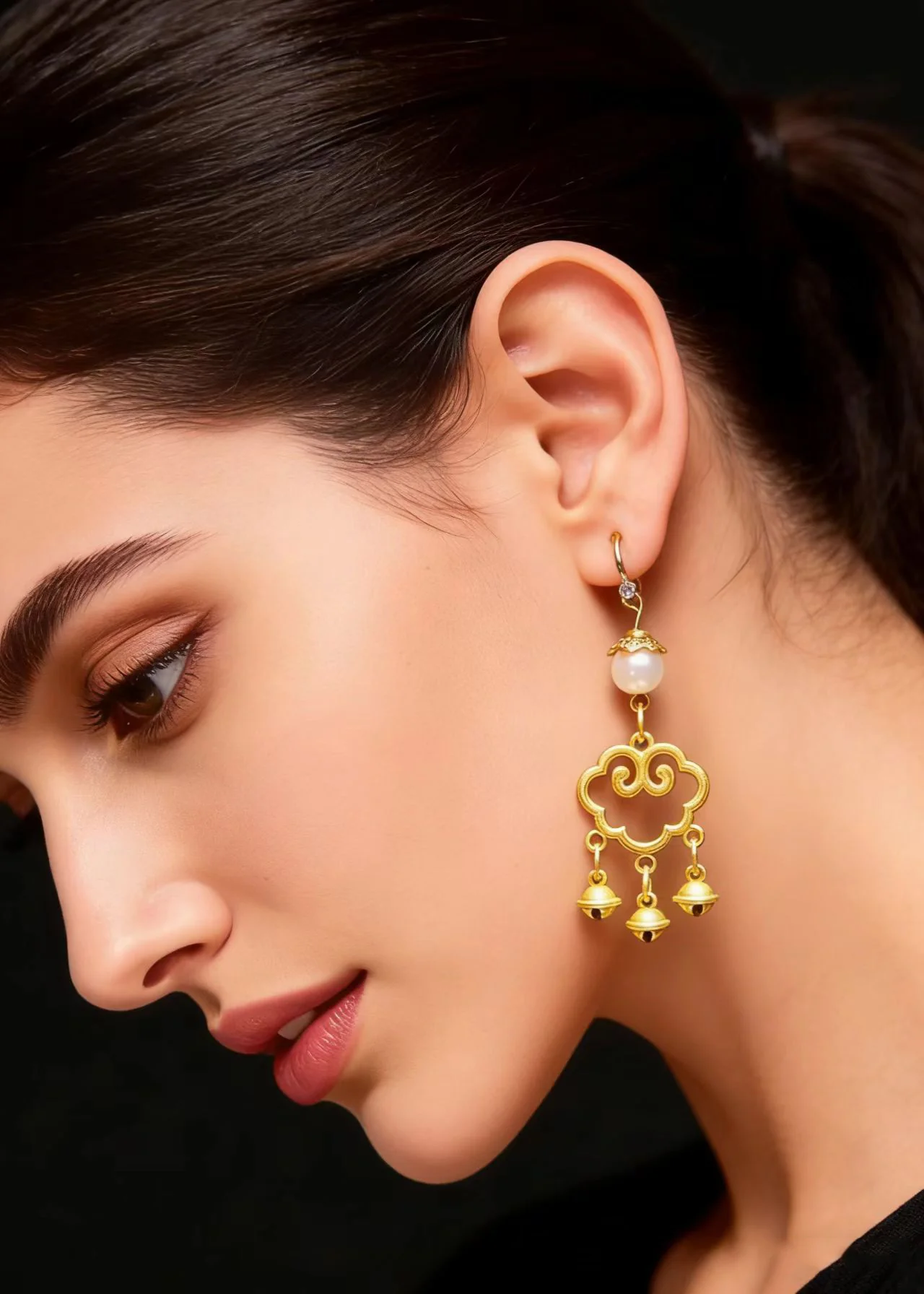 Modern Small Bell Auspicious Clouds 14K Gold Pearl Drop Earrings - Image 4