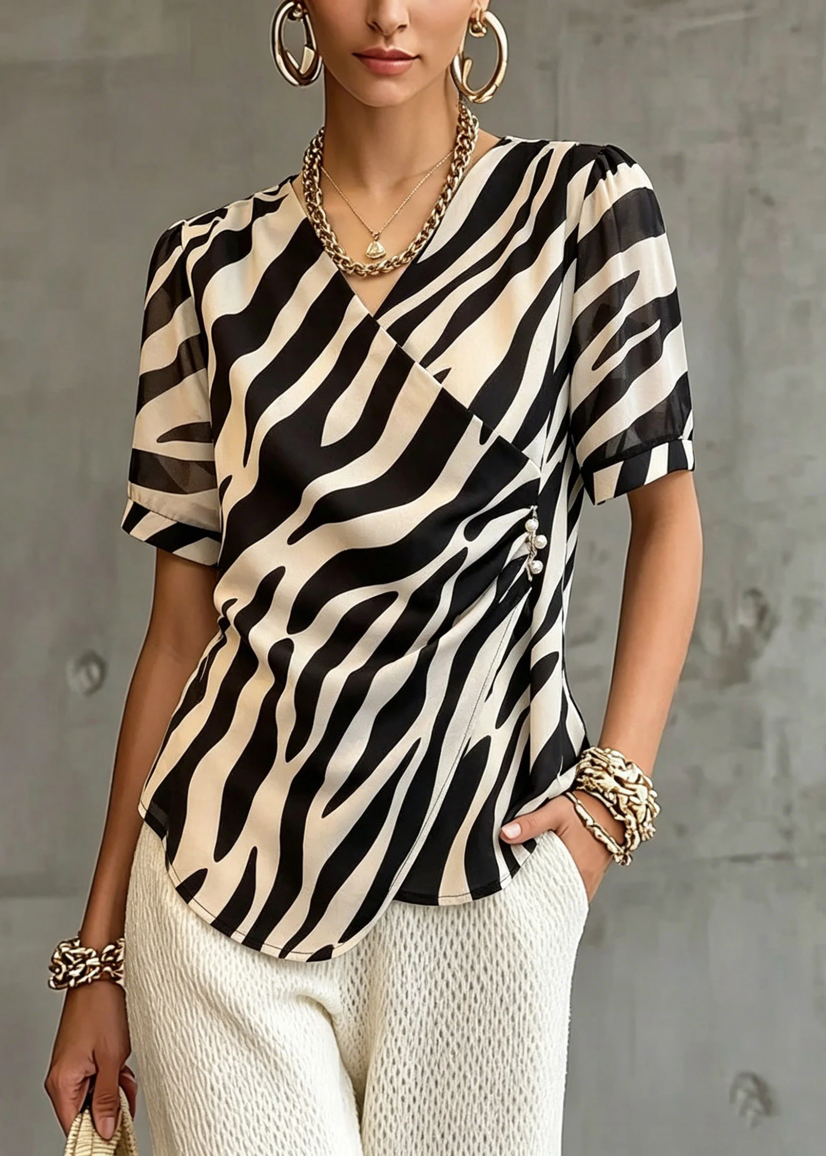 Modern Striped Patchwork Wrinkled T Shirt Short Sleeve - Image 5