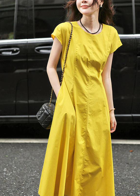 Modern Turmeric Yellow O-Neck Holiday Solid Long Dress Short Sleeve