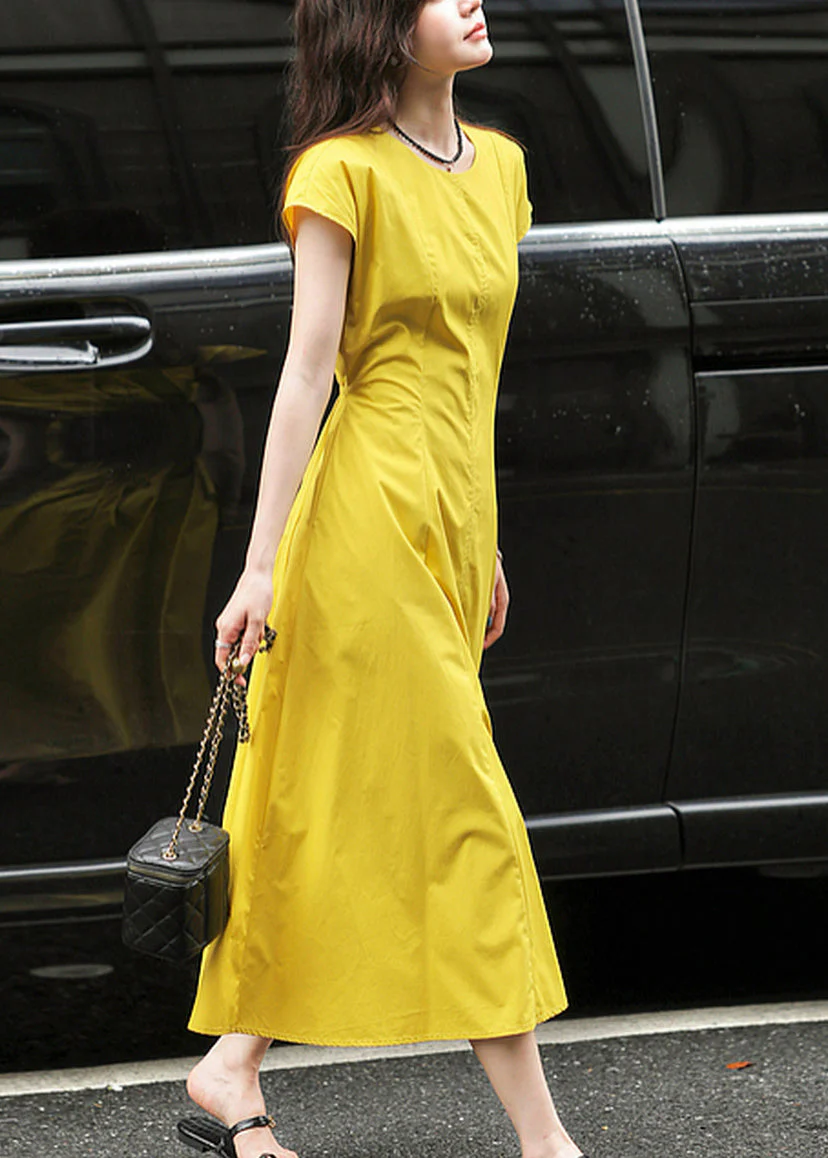 Modern Turmeric Yellow O-Neck Holiday Solid Long Dress Short Sleeve - Image 2