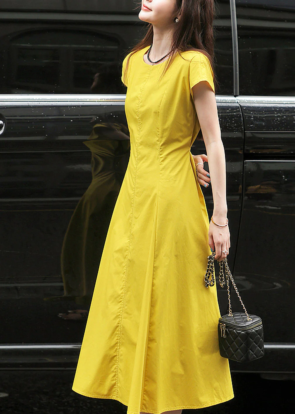 Modern Turmeric Yellow O-Neck Holiday Solid Long Dress Short Sleeve - Image 3