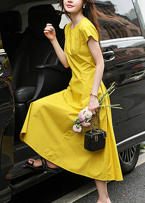 Modern Turmeric Yellow O-Neck Holiday Solid Long Dress Short Sleeve - Image 4