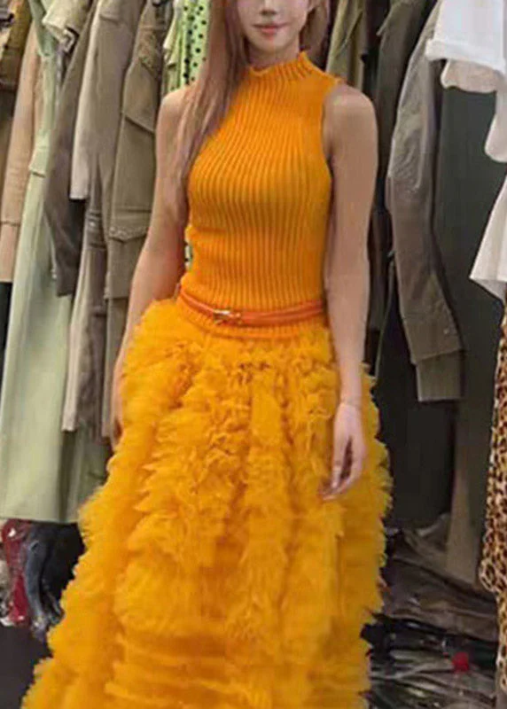 Modern Turtleneck Knit Top And Tulle A Line Skirts Two Pieces Set Summer - Image 2