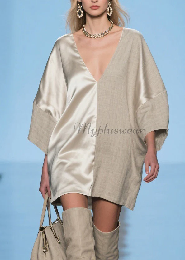Modern V Neck Patchwork Linen Silk Mid Dress Spring - Image 2