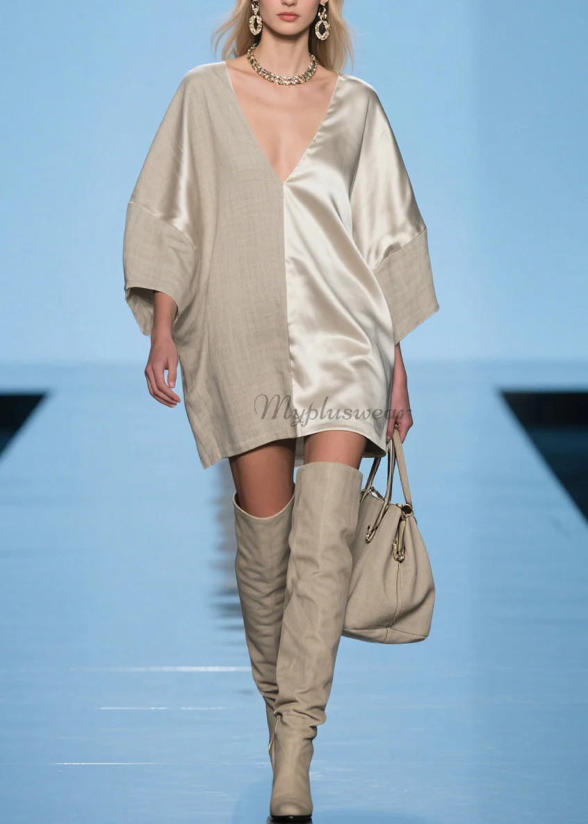 Modern V Neck Patchwork Linen Silk Mid Dress Spring - Image 3