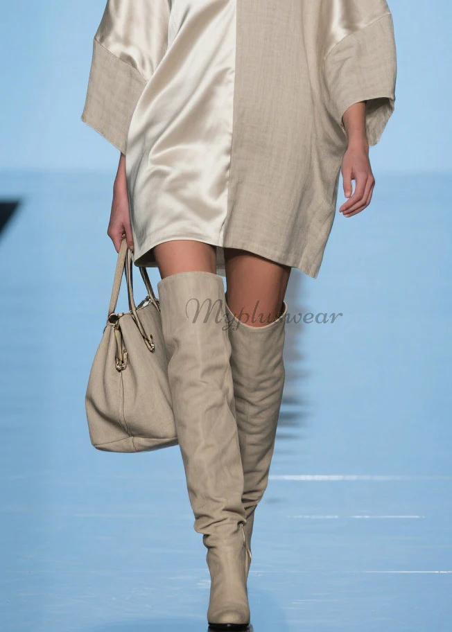Modern V Neck Patchwork Linen Silk Mid Dress Spring - Image 4