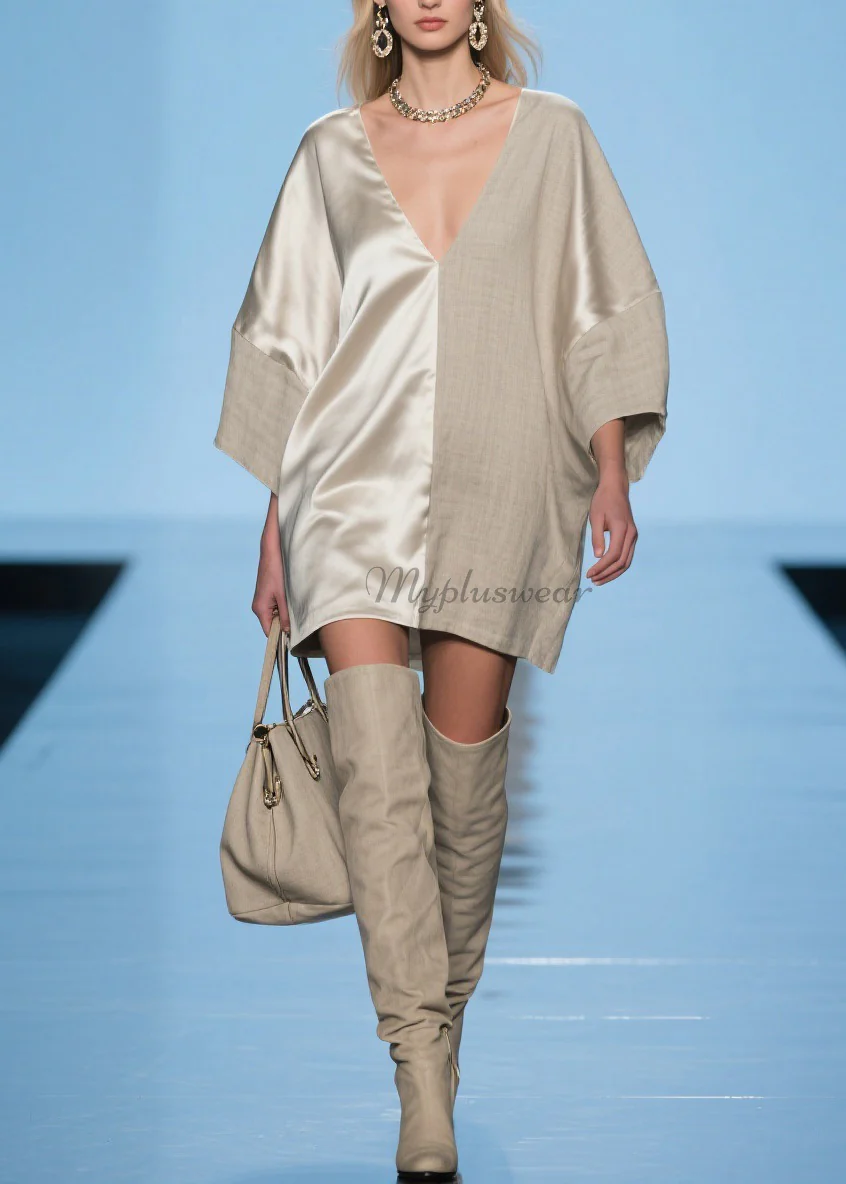 Modern V Neck Patchwork Linen Silk Mid Dress Spring - Image 5