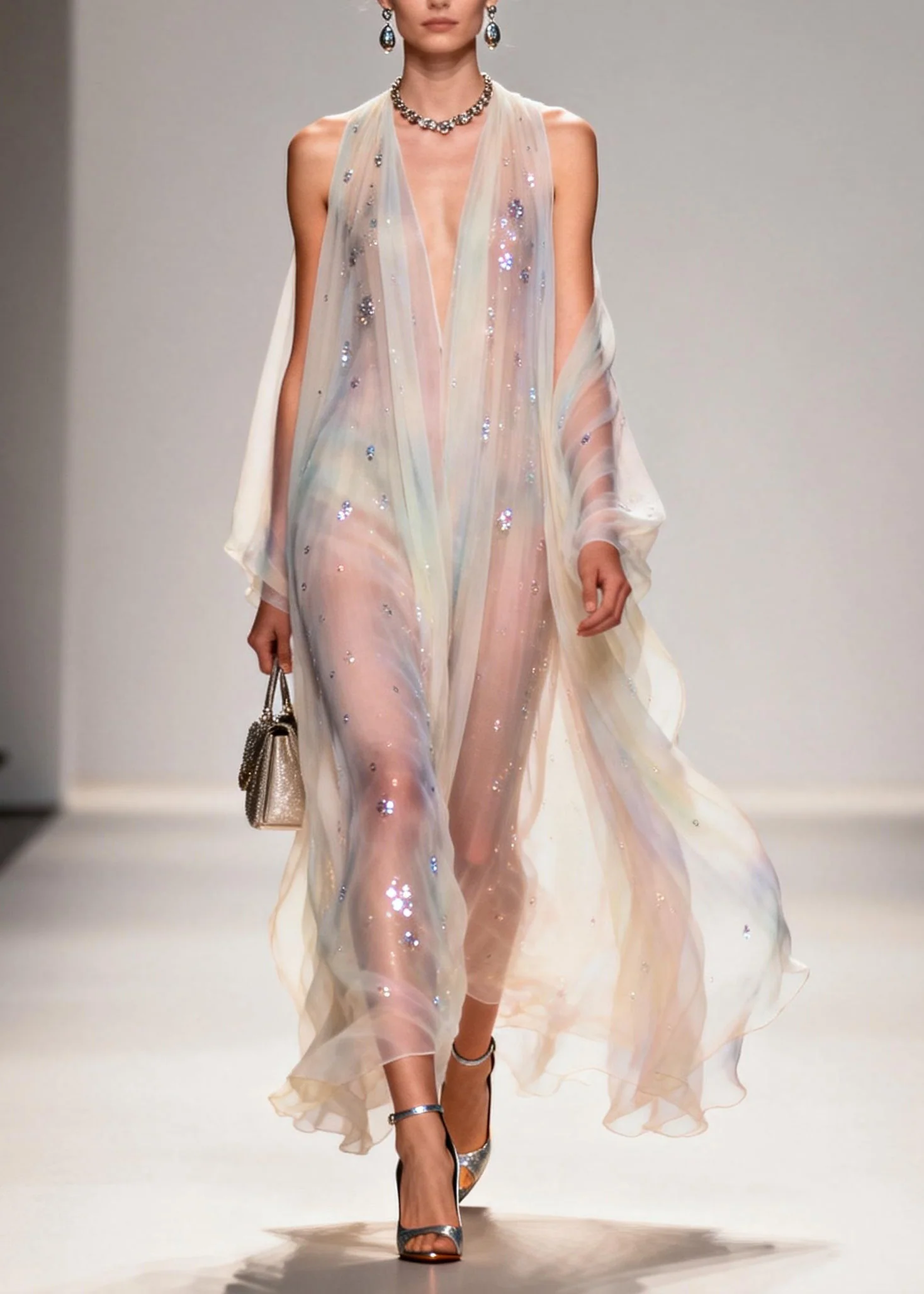 Modern V Neck Zircon Chiffon Long Dress Summer