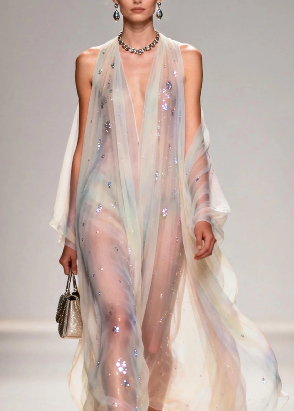 Modern V Neck Zircon Chiffon Long Dress Summer - Image 2