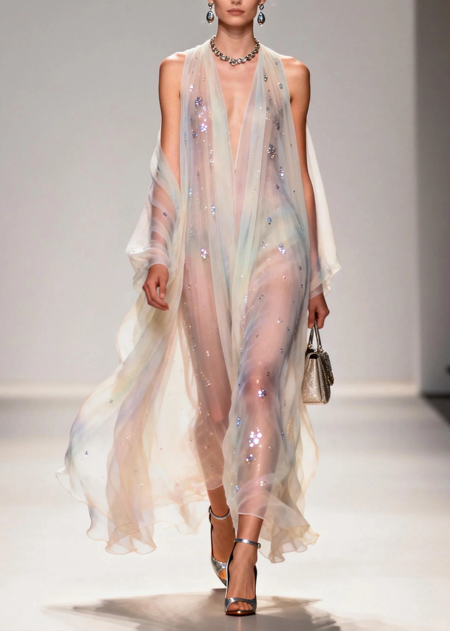 Modern V Neck Zircon Chiffon Long Dress Summer - Image 3