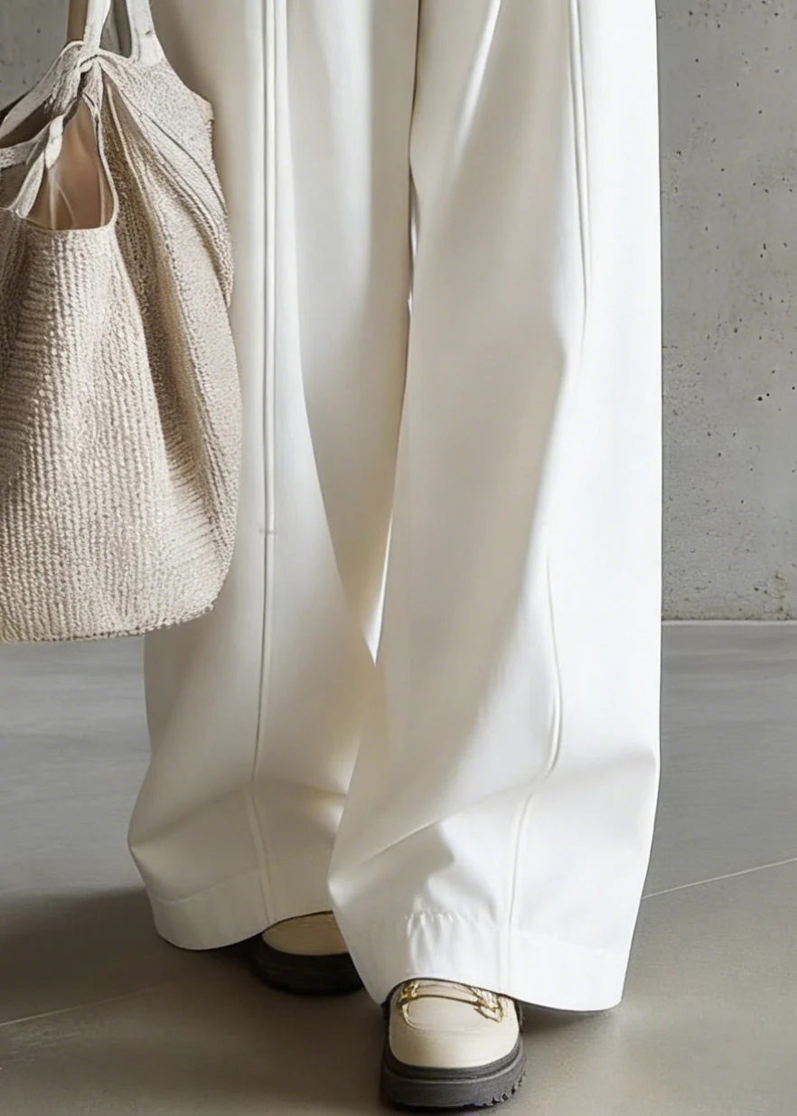 Modern White Button High Waist Cotton Wide Leg Pants Spring - Image 4