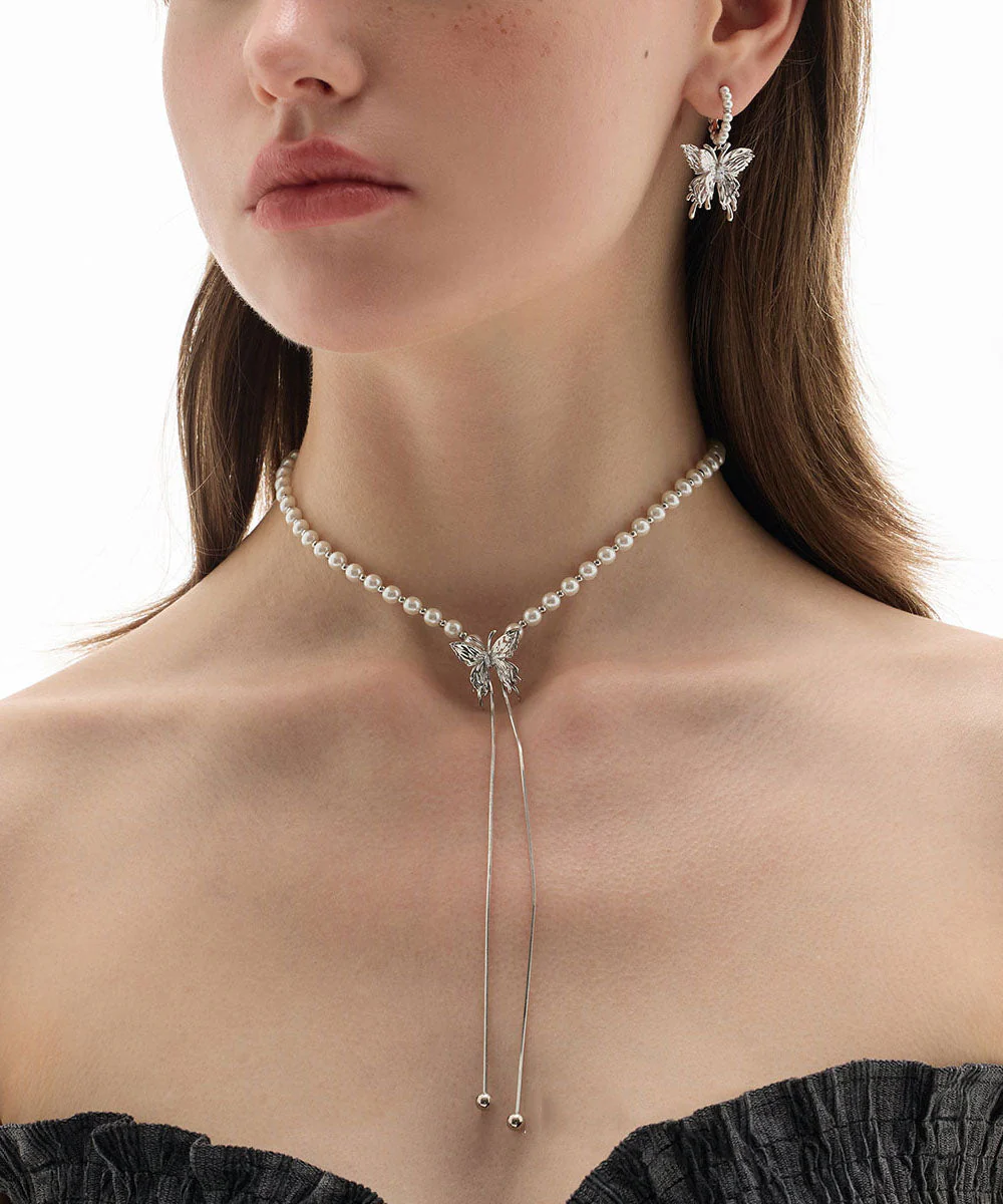 Modern White Copper Overgild Pearl Butterfly Retractable Lariat Necklace - Image 2