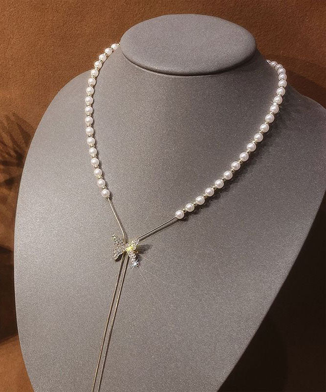 Modern White Copper Overgild Pearl Butterfly Retractable Lariat Necklace - Image 3