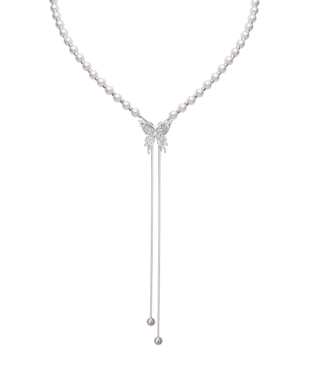 Modern White Copper Overgild Pearl Butterfly Retractable Lariat Necklace - Image 4