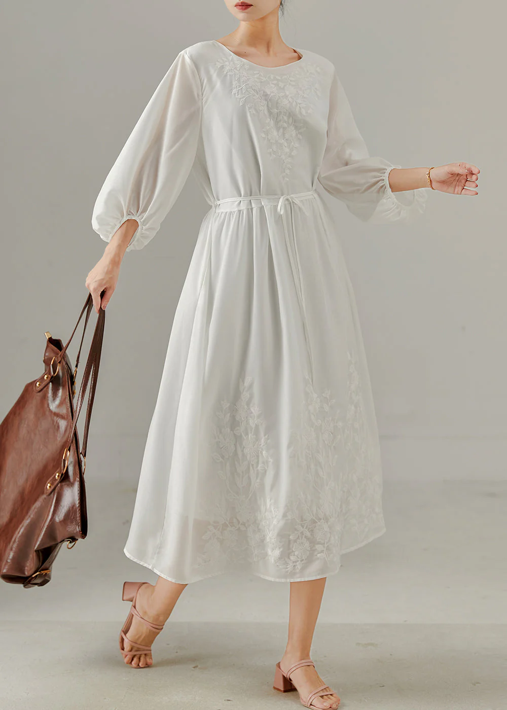 Modern White Embroidered Cotton Long Dress Bracelet Sleeve - Image 2