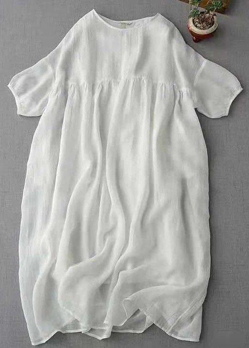 Modern White O-Neck Patchwork cotton blend Long Dresses Half Sleeve - Image 3