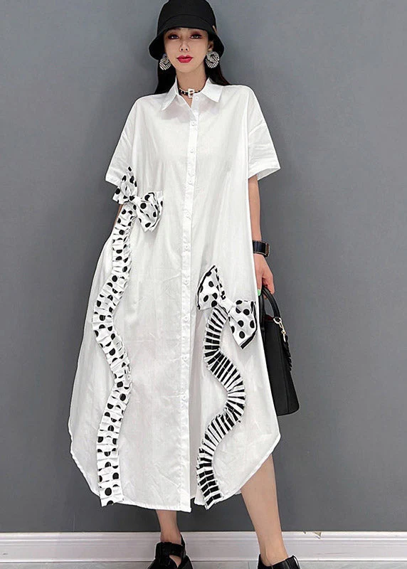 Modern White Peter Pan Collar asymmetrical Bow Button Party Dress Short Sleeve - Image 2