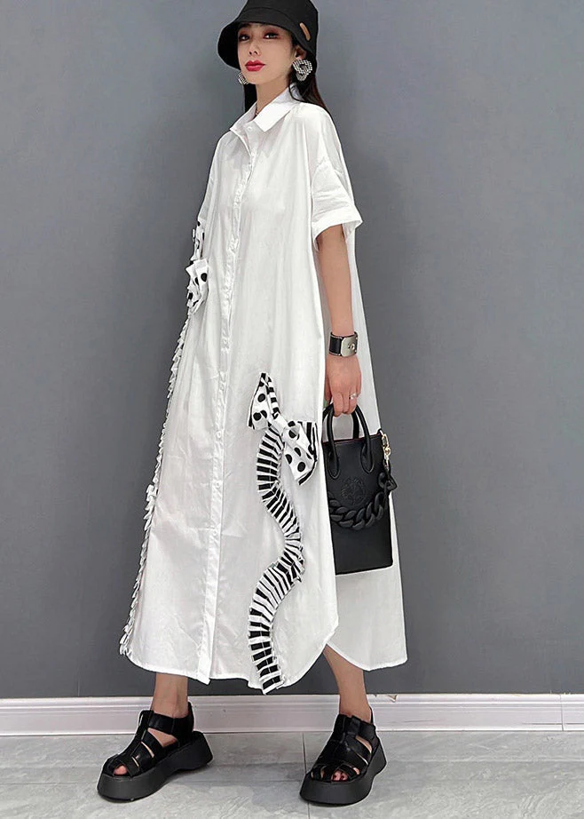 Modern White Peter Pan Collar asymmetrical Bow Button Party Dress Short Sleeve - Image 3
