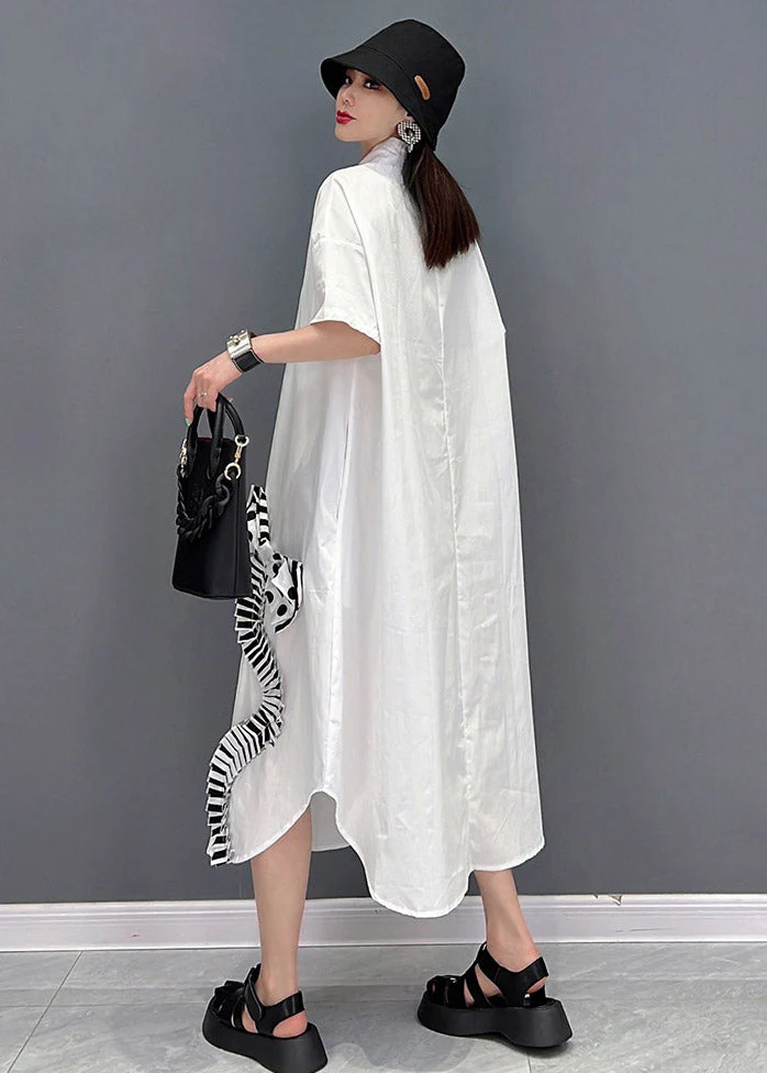 Modern White Peter Pan Collar asymmetrical Bow Button Party Dress Short Sleeve - Image 4