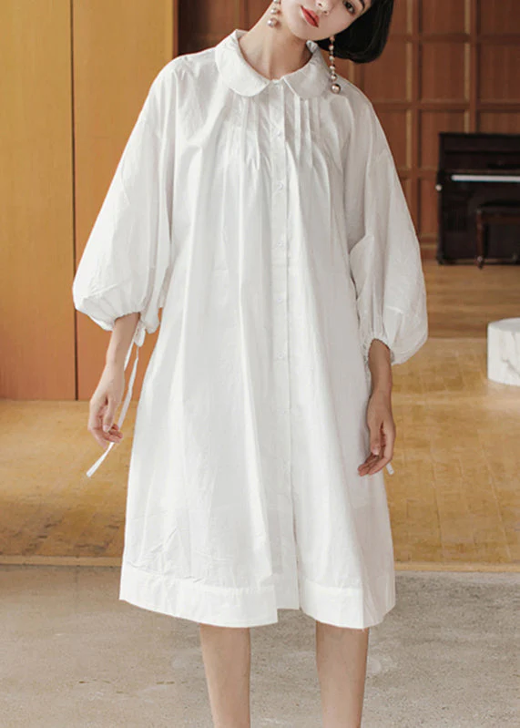 Modern White Peter Pan Collar Button Cotton Long Dress Long Sleeve - Image 2