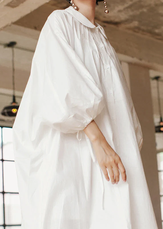 Modern White Peter Pan Collar Button Cotton Long Dress Long Sleeve - Image 5