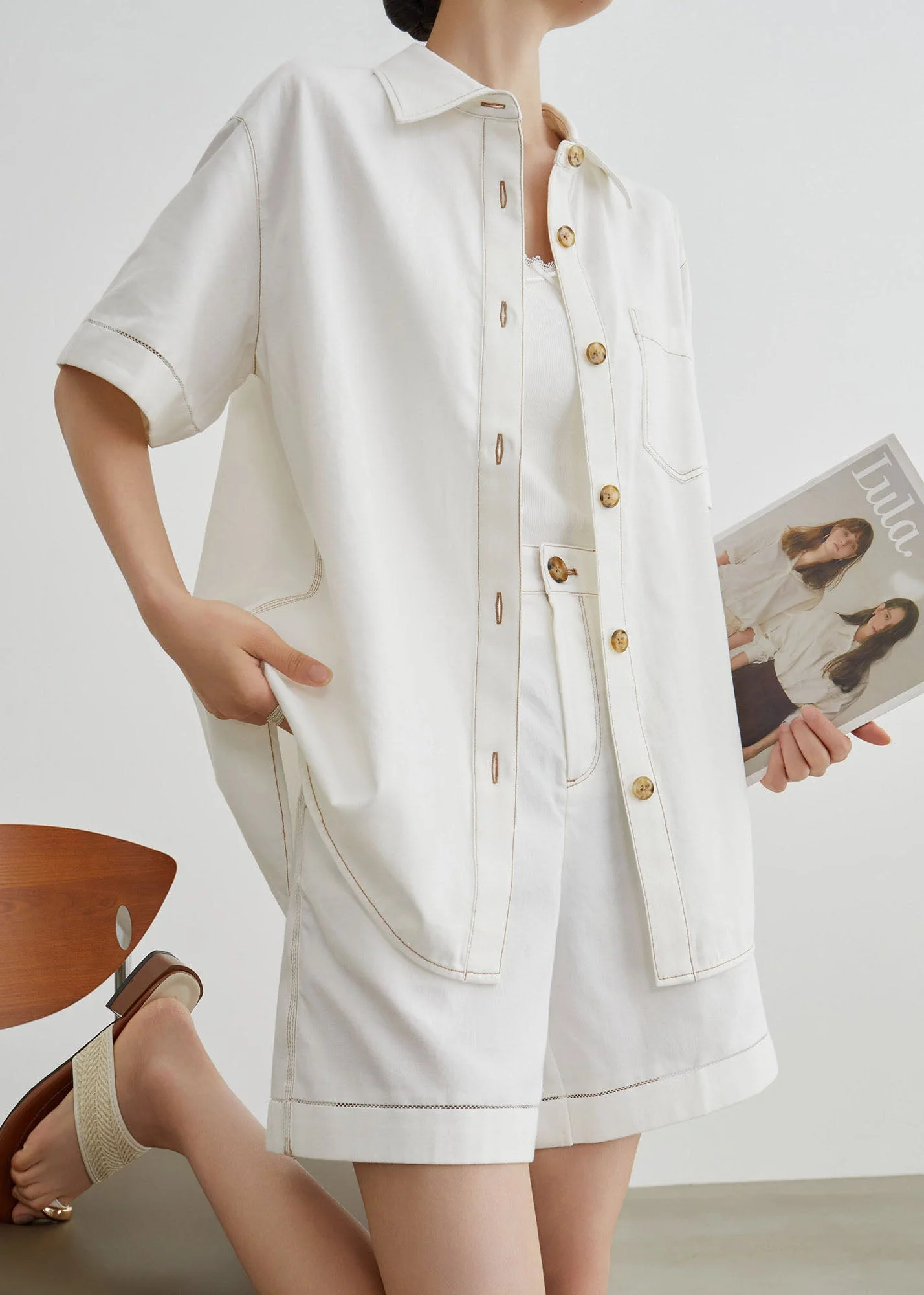 Modern White Peter Pan Collar Denim Two Pieces Set Summer - Image 2