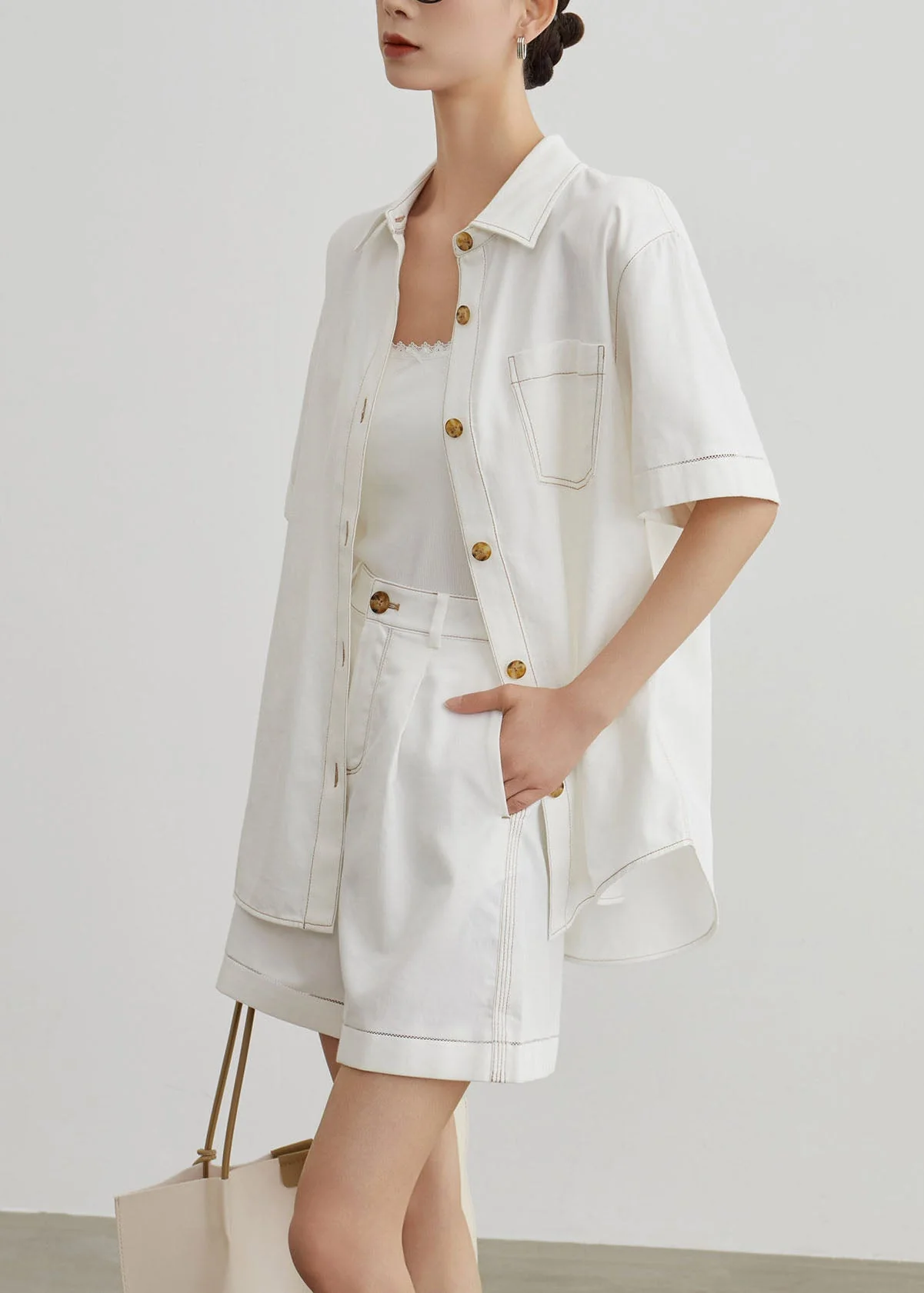 Modern White Peter Pan Collar Denim Two Pieces Set Summer - Image 3