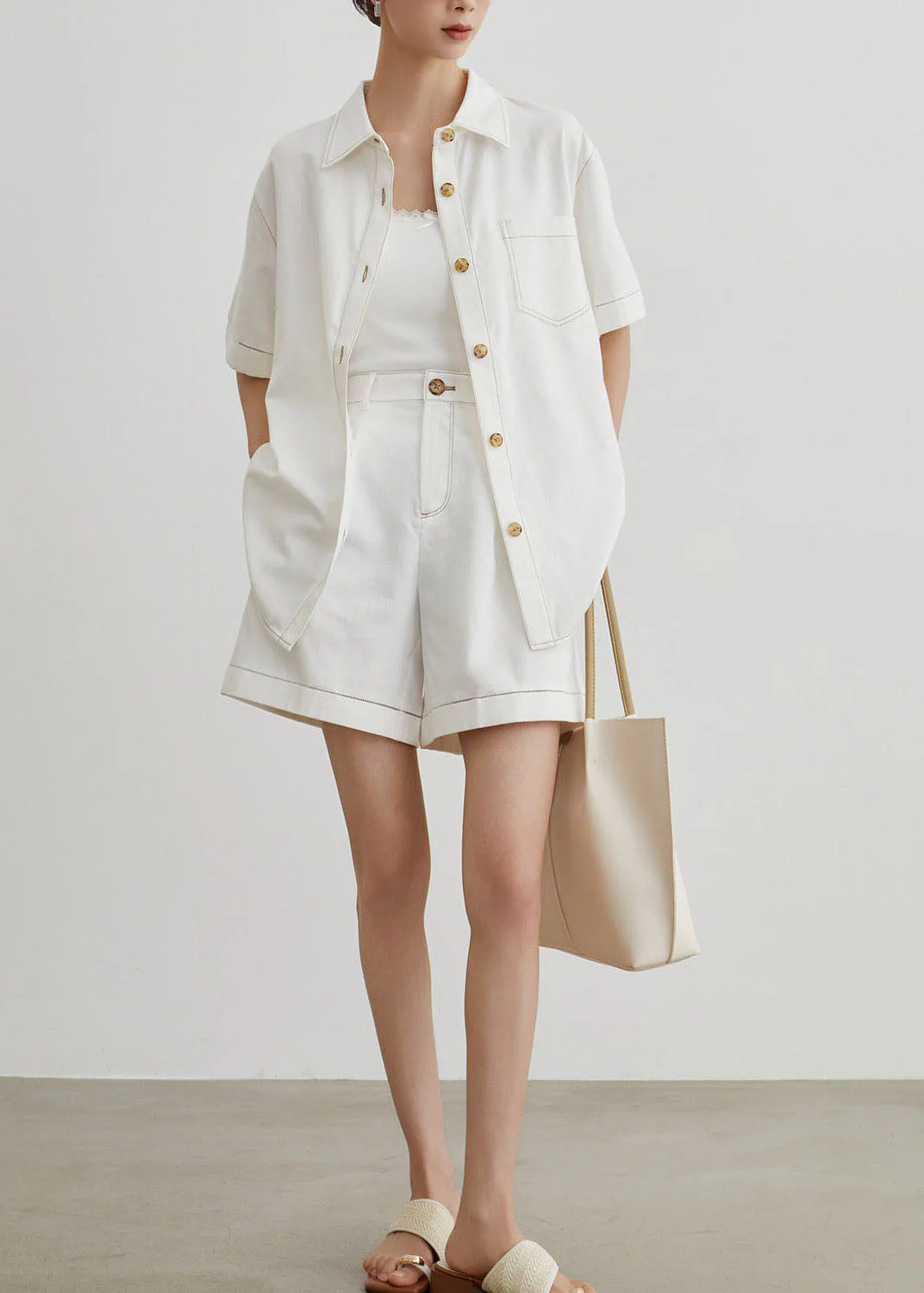 Modern White Peter Pan Collar Denim Two Pieces Set Summer - Image 4